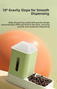 Detail of automatic pet feeder showing 18-degree gravity slope and wide food outlet