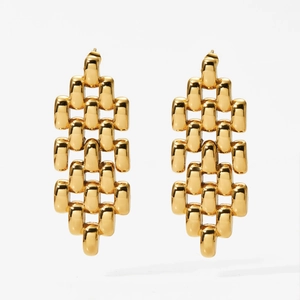 Modern geometric link earrings in polished gold stainless steel on a white background