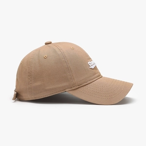 Khaki cotton baseball cap with white 3D embroidery shown from a 45-degree angle