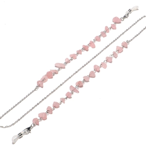 Detail of pink crystal chips and silver chain for eyewear holder with adjustable loops