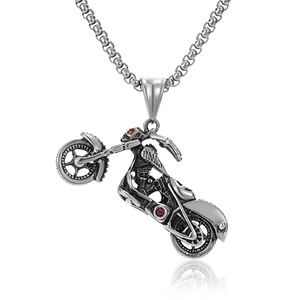 Hip hop biker motorcycle pendant necklace with red rhinestones and vintage silver finish
