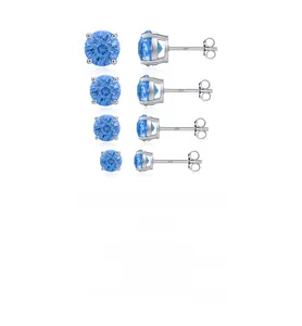 Detailed view of four pairs of S925 sterling silver stud earrings with blue zircon stones