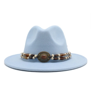 Classic light blue fedora wool hat with vintage beaded band and bronze ethnic ornament