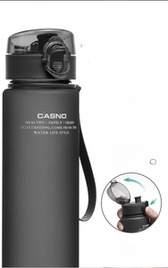 Detail of matte black sports bottle featuring one-hand safety lock and flip top lid