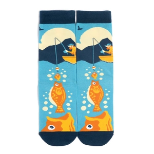 Detail of blue cotton crew socks featuring a colorful cartoon fishing illustration