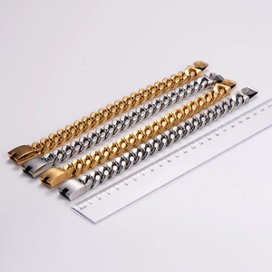 Men's 18K gold and silver stainless steel Cuban link bracelets with measuring scale