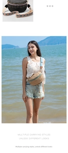 Detail of woven straw fanny pack with tassel and ethnic embroidered strap for summer beach