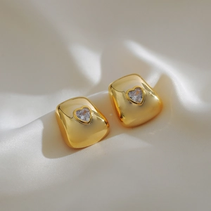 18K gold plated stainless steel safety pin earrings with sparkling heart zircon stone