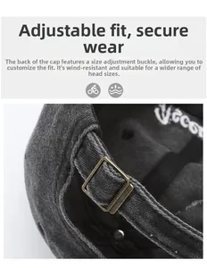 Detailed view of adjustable bronze metal buckle on vintage distressed baseball cap