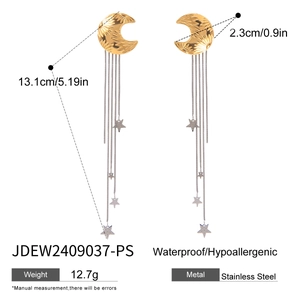 Detail showing dimensions and 13.1cm length of stainless steel crescent tassel earrings