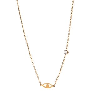 Elegant gold stainless steel necklace featuring evil eye pendant and crystal accents