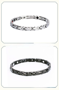 Detail view of titanium magnetic therapy bracelets in silver and black with link pattern
