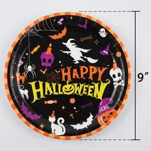 Close-up of 9-inch Halloween paper plate featuring witch, pumpkin, and skull motifs