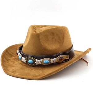 Brown faux suede western cowboy hat with turquoise leather band on white background