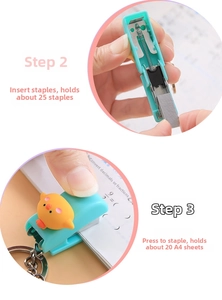 Detail showing macaron blue mini stapler loading staples and binding sheets on a desk