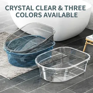 Transparent plastic washbasins in grey, blue, and white for bathroom use and laundry