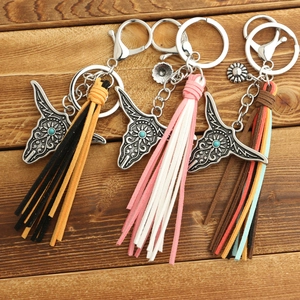 Three bohemian bull head keychains with turquoise stones and suede tassels on wood