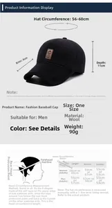 Size chart and measurement guide for men's winter baseball cap with ear flaps