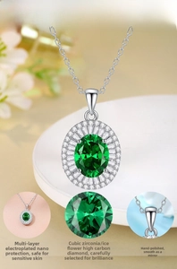 Detail of S925 silver emerald necklace with oval gemstone and diamond-cut zircon halo
