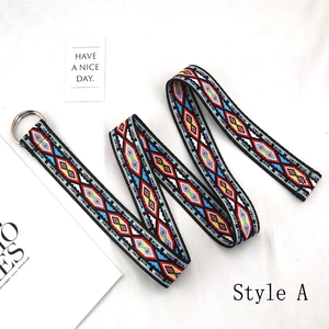 Ethnic style geometric canvas belt with dual silver rings in colorful patterns