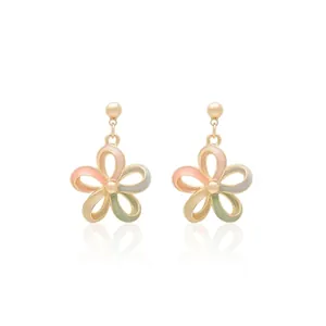 Close-up of five-petal flower stud earrings with colorful glaze and gold finish