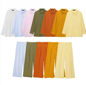 Chemise Femme À Manches Longues Et Boutons Et Pantalon Large À Taille Haute Couleur Unie Tenues Décontractées Élégantes