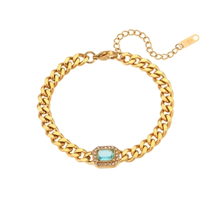 Gold-plated stainless steel Cuban link bracelet with light blue rectangular zircon stone