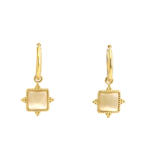 Elegant 18K gold plated square cat eye stone drop earrings with vintage beaded edge