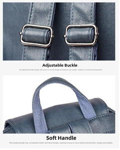 Detalle de mochila de cuero azul oscuro con hebillas plateadas y asa de tejido suave