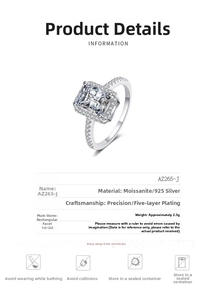 Macro view of a 925 sterling silver ring featuring a radiant cushion cut moissanite stone