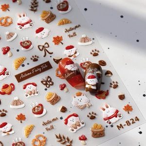 3D embossed nail art stickers featuring autumn rabbits and bears, model M-824