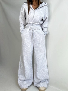Women Cropped Zip Up Hoodie And Wide Leg Pants 100% Cotton Solid Grey Casual Sporty Streetwear Tracksuit