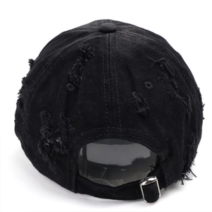Vintage black distressed baseball cap with ripped details and adjustable metal buckle