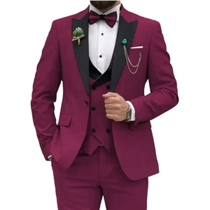 Slim fit burgundy three-piece suit with black contrast vest and accessories set