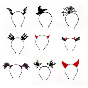 Nine Halloween headbands including bat wings, devil horns, and spider web party accessories