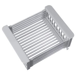 Expandable stainless steel sink drying rack in gray for kitchen organization and drainage