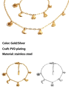 Detail of PVD plated stainless steel jewelry set with moon and penguin paw charms
