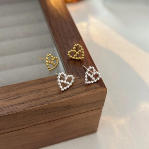 S925 sterling silver heart stud earrings in gold and silver with beaded metal texture