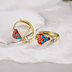 18K gold plated heart earrings with red enamel and clear cubic zirconia stones