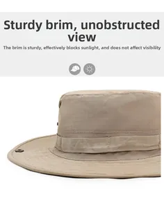 Detail of khaki sun hat featuring ripstop fabric texture and stiff wide brim design