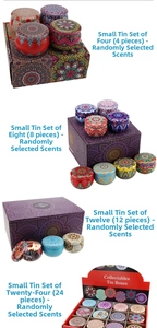 Vertical display of scented candle sets in mandala pattern tins with 4 to 24 pieces