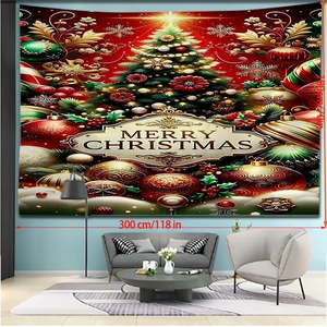 Detail view of a 300x180cm red Christmas tapestry with golden ornaments in a living room