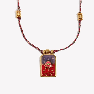 18K gold plated tarot sun necklace with hand-woven colorful rope and enamel pendant