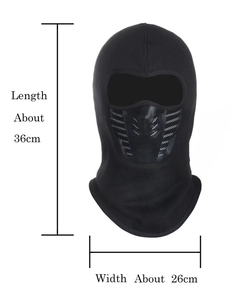 Detail view of black balaclava with air flow mask showing 36cm x 26cm size dimensions