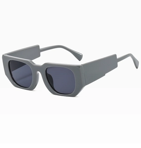 Detail of grey square frame sunglasses with dark lenses for UV protection