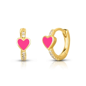Detail of gold hoop earring with pink heart charm and sparkling cubic zirconia stones