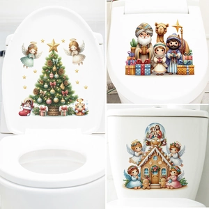 Christmas Toilet Lid Stickers PVC Self Adhesive Waterproof Cartoon Nativity Angel Gingerbread House Bathroom Decor Decals