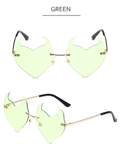 Green devil horn heart rimless sunglasses with metal frame for party and cosplay
