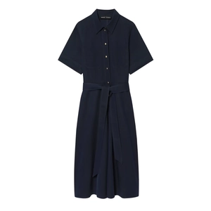 Robe Chemise À Manches Courtes Bleu Marine Avec Boutons Dorés Et Ceinture Midi Chic Pour Femmes