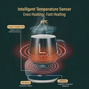 Smart heating coaster set with dark green ceramic mug and LED temperature display